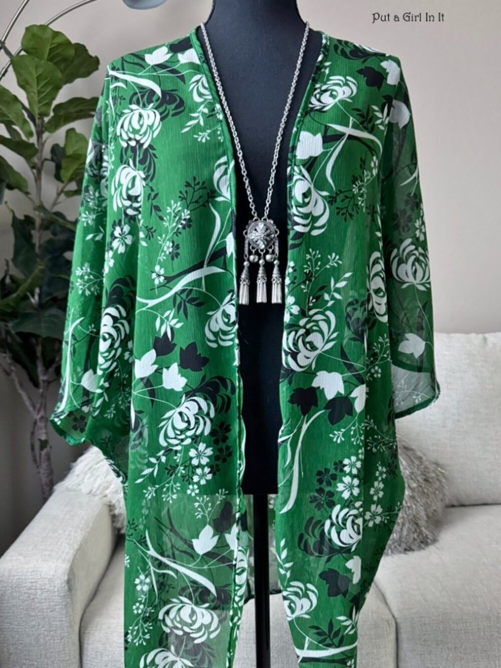 Boho Vocal Apparel Women's Green White Floral Kimono Wrap Cardigan S M L XL USA